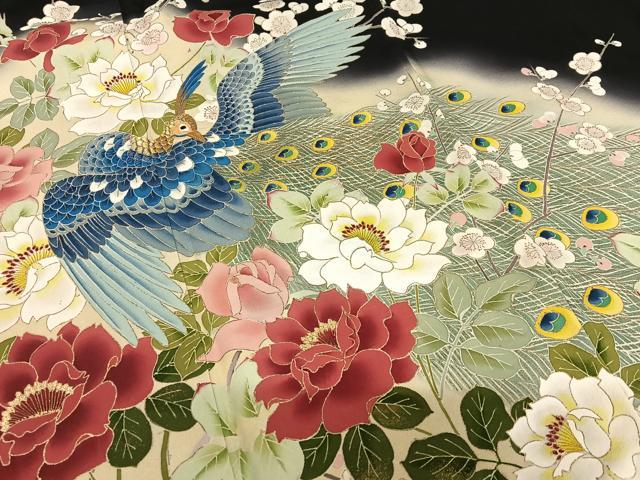 平和屋着物●豪華黒留袖 友禅 作家物 刺繍 孔雀花文 暈し染め 金彩 正絹 逸品 未使用 AAAY6658zg