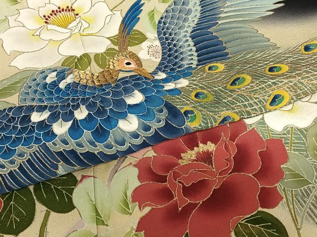 平和屋着物●豪華黒留袖 友禅 作家物 刺繍 孔雀花文 暈し染め 金彩 正絹 逸品 未使用 AAAY6658zg