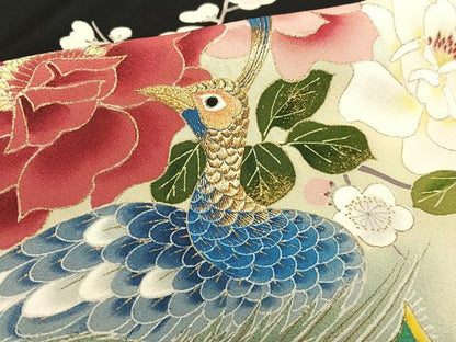 平和屋着物●豪華黒留袖 友禅 作家物 刺繍 孔雀花文 暈し染め 金彩 正絹 逸品 未使用 AAAY6658zg