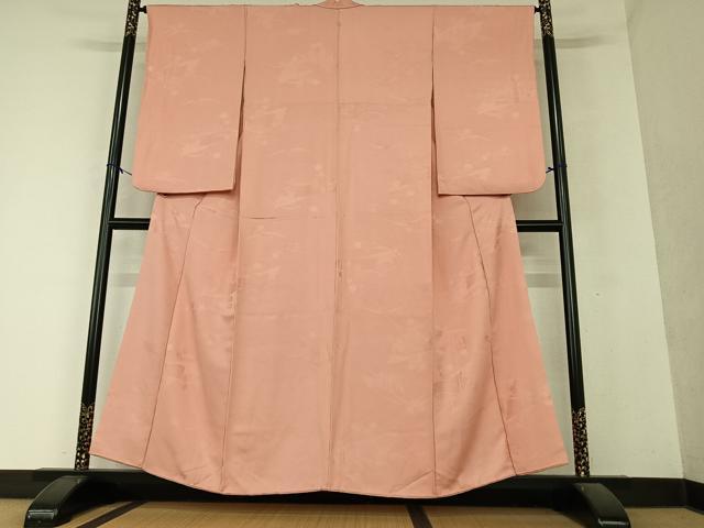 平和屋着物●上質な色無地 風景舞葉地紋 甚三紅色 正絹 逸品 AAAY6663zg
