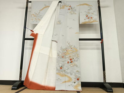 平和屋着物●訪問着 手描き 駒刺繍 松竹梅風景文 暈し染め 正絹 逸品 AAAY6671zg