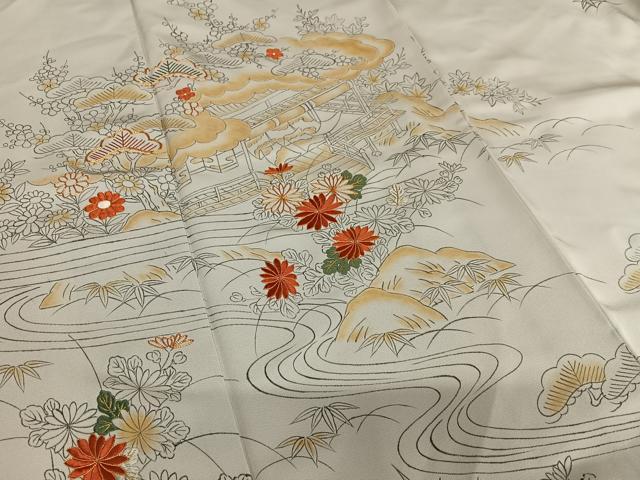 平和屋着物●訪問着 手描き 駒刺繍 松竹梅風景文 暈し染め 正絹 逸品 AAAY6671zg
