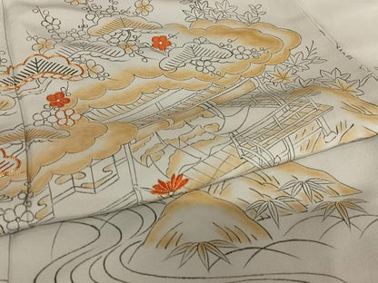 平和屋着物●訪問着 手描き 駒刺繍 松竹梅風景文 暈し染め 正絹 逸品 AAAY6671zg