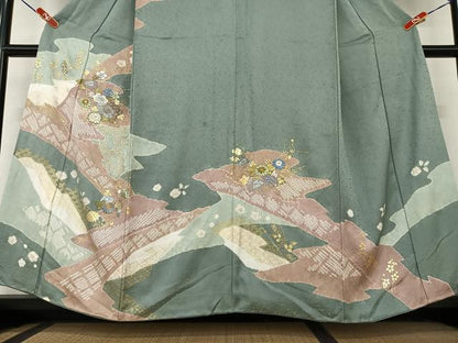 平和屋着物●訪問着 駒刺繍 絞り 草花文 暈し染め 金彩 正絹 逸品 AAAY6676zg