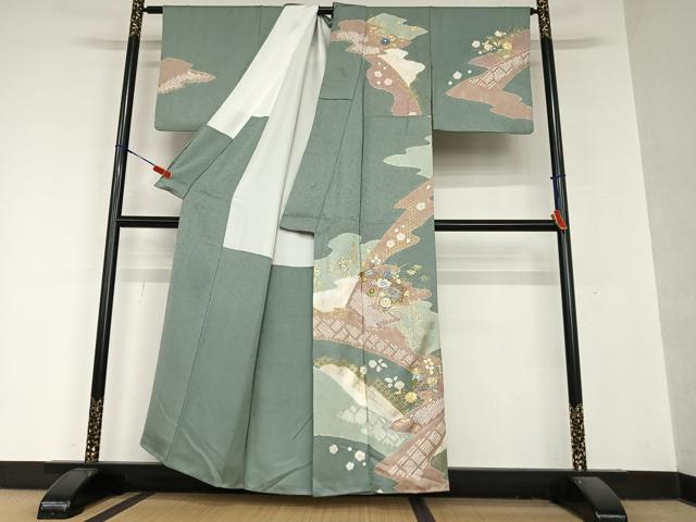 平和屋着物●訪問着 駒刺繍 絞り 草花文 暈し染め 金彩 正絹 逸品 AAAY6676zg