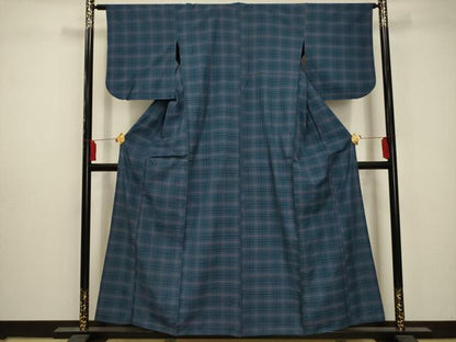 平和屋着物▽上質な紬 単衣 八丈織 市松綾織 格子 正絹 逸品 AAAY6973sx