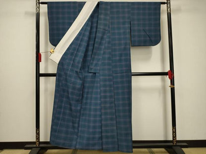 平和屋着物▽上質な紬 単衣 八丈織 市松綾織 格子 正絹 逸品 AAAY6973sx