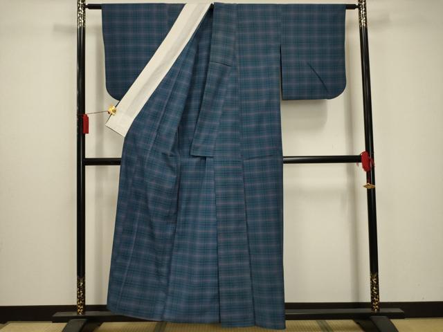 平和屋着物▽上質な紬 単衣 八丈織 市松綾織 格子 正絹 逸品 AAAY6973sx