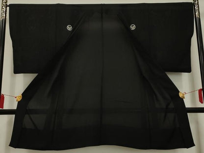 平和屋着物＊夏物　男性　黒紋付　羽織セット　暗黒色　正絹　逸品　AAAY6999sx