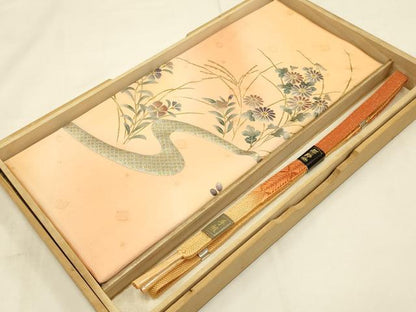 平和屋着物●和装小物　帯締め・帯揚げセット　流水草花文　暈し染め　金糸　金銀彩　逸品　未使用　AAAY7117ay