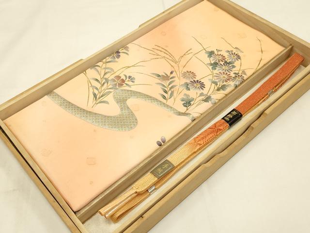 平和屋着物●和装小物　帯締め・帯揚げセット　流水草花文　暈し染め　金糸　金銀彩　逸品　未使用　AAAY7117ay