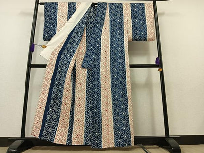 平和屋着物▽上質な小紋 単衣 絞り 麻の葉間道 正絹 逸品 AAAY7254jh