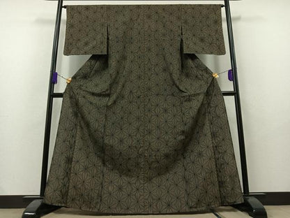 平和屋着物▽上質な紬 単衣 麻の葉文様 黒地 正絹 逸品 AAAY7268jh