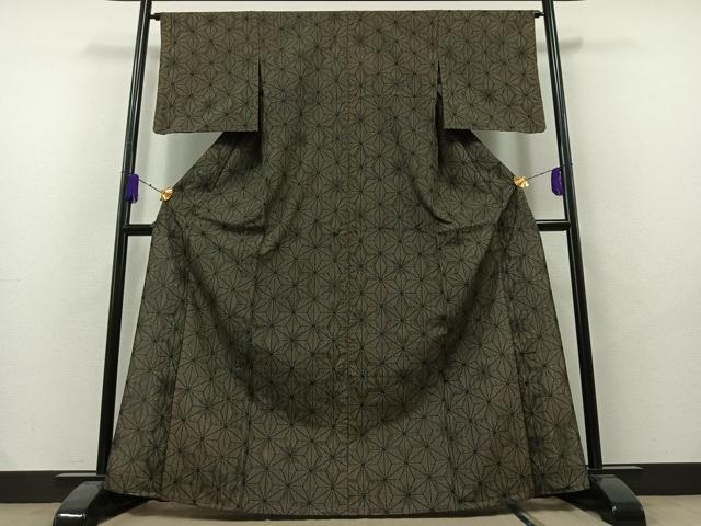 平和屋着物▽上質な紬 単衣 麻の葉文様 黒地 正絹 逸品 AAAY7268jh