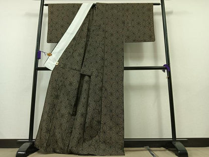 平和屋着物▽上質な紬 単衣 麻の葉文様 黒地 正絹 逸品 AAAY7268jh