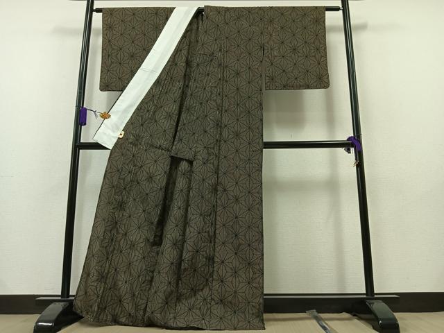 平和屋着物▽上質な紬 単衣 麻の葉文様 黒地 正絹 逸品 AAAY7268jh