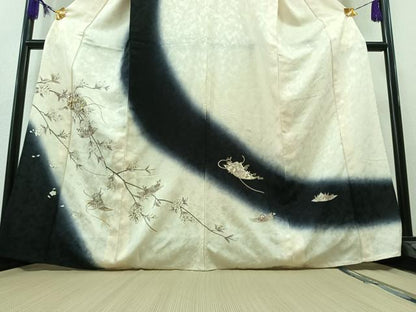 平和屋着物▽訪問着 単衣 駒刺繍 枝花文 暈し染め 金糸 金彩 正絹 逸品 AAAY7271jh