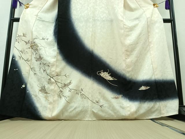 平和屋着物▽訪問着 単衣 駒刺繍 枝花文 暈し染め 金糸 金彩 正絹 逸品 AAAY7271jh