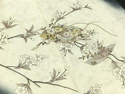 平和屋着物▽訪問着 単衣 駒刺繍 枝花文 暈し染め 金糸 金彩 正絹 逸品 AAAY7271jh