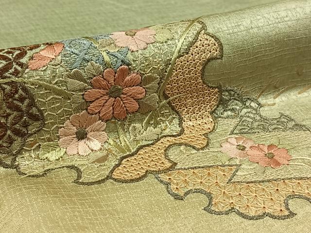 平和屋着物▽訪問着　単衣　中国三大刺繍　相良刺繍　総刺繍　雪輪花文　暈し染め　金銀糸　金銀彩　正絹　逸品　AAAY7272jh
