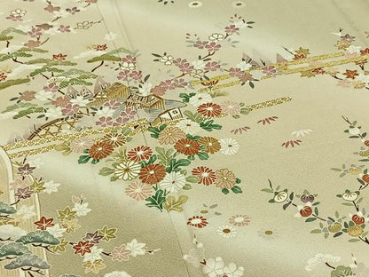 平和屋着物▽訪問着 単衣 刺繍 風景花文 暈し染め 金糸 正絹 逸品 AABB6652jh
