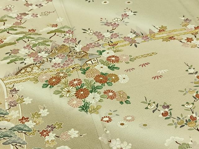平和屋着物▽訪問着 単衣 刺繍 風景花文 暈し染め 金糸 正絹 逸品 AABB6652jh