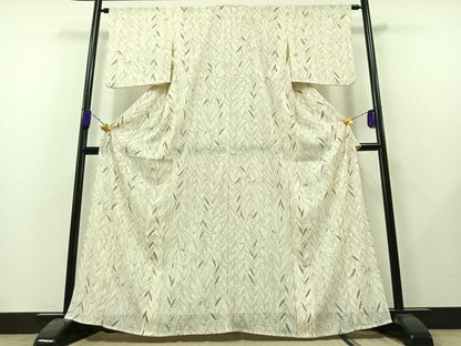 平和屋着物▽上質な小紋　単衣　笹の葉舞蝶文　正絹　逸品　AAAY7278jh