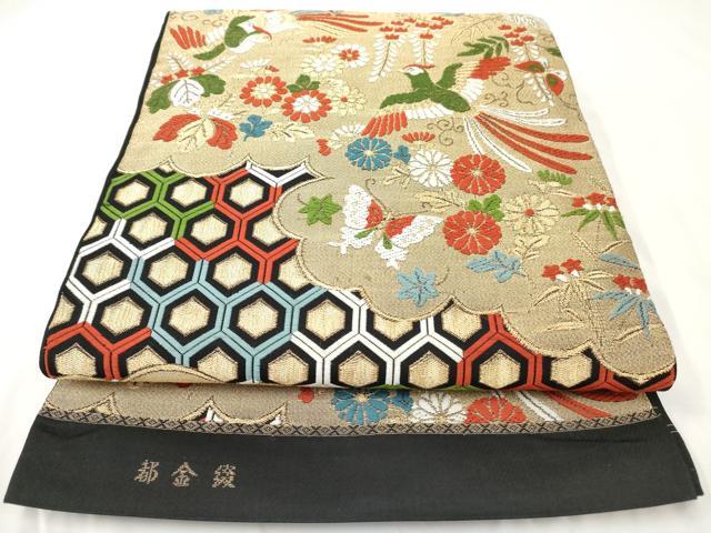 平和屋着物◎六通柄袋帯　唐織　鳳凰花文　黒地　金糸　正絹　逸品　AAAY7402sg