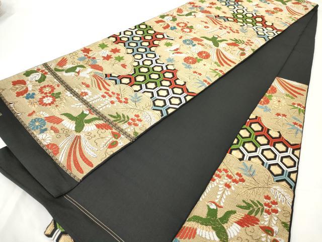 平和屋着物◎六通柄袋帯　唐織　鳳凰花文　黒地　金糸　正絹　逸品　AAAY7402sg