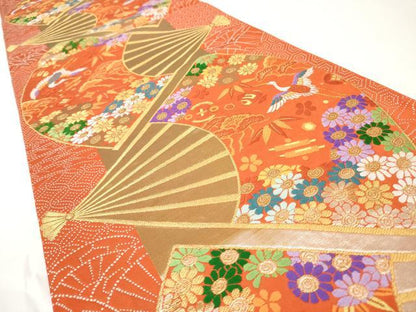 平和屋着物◎六通柄袋帯　唐織　扇面に花　金銀糸　正絹　逸品　AAAY7405sg