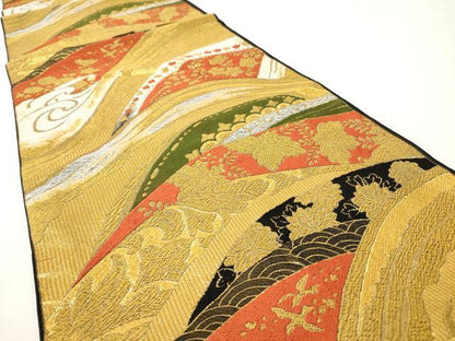 平和屋着物◎六通柄袋帯　唐織　立波花文　金糸　正絹　逸品　AAAY7427sg