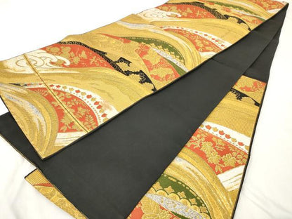 平和屋着物◎六通柄袋帯　唐織　立波花文　金糸　正絹　逸品　AAAY7427sg