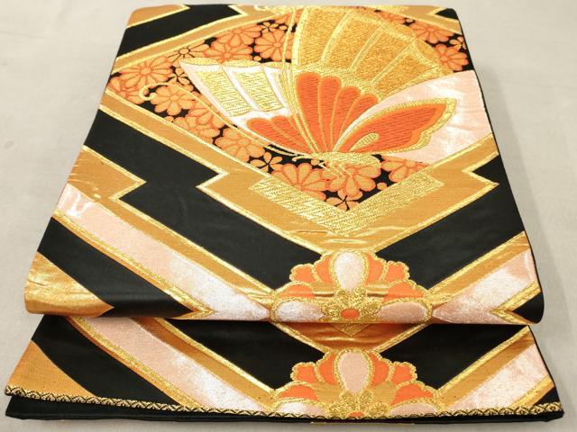 平和屋着物◎六通柄袋帯　唐織　舞蝶文　黒地　金糸　正絹　逸品　AAAY7432sg