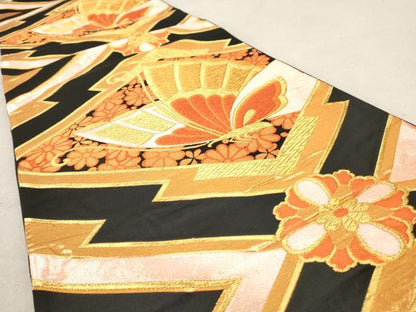 平和屋着物◎六通柄袋帯　唐織　舞蝶文　黒地　金糸　正絹　逸品　AAAY7432sg