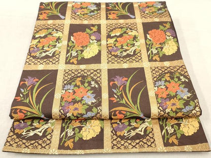 平和屋着物◎六通柄袋帯　唐織　格子花文　金糸　正絹　逸品　AAAY7438sg
