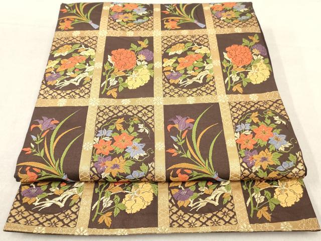 平和屋着物◎六通柄袋帯　唐織　格子花文　金糸　正絹　逸品　AAAY7438sg