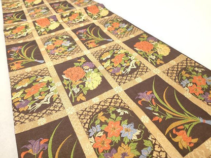 平和屋着物◎六通柄袋帯　唐織　格子花文　金糸　正絹　逸品　AAAY7438sg