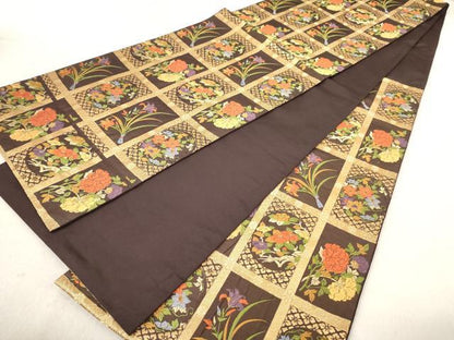 平和屋着物◎六通柄袋帯　唐織　格子花文　金糸　正絹　逸品　AAAY7438sg