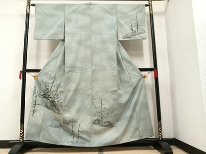 平和屋着物●訪問着 紬地 手描き 風景樹林文 暈し染め 金彩 正絹 逸品 AAAY7940ph
