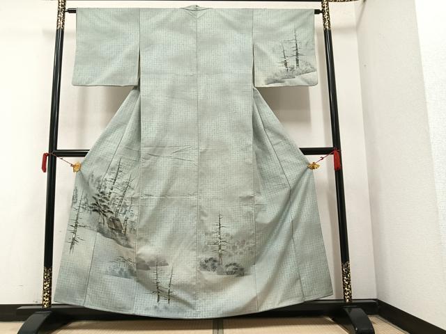 平和屋着物●訪問着 紬地 手描き 風景樹林文 暈し染め 金彩 正絹 逸品 AAAY7940ph