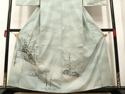 平和屋着物●訪問着 紬地 手描き 風景樹林文 暈し染め 金彩 正絹 逸品 AAAY7940ph
