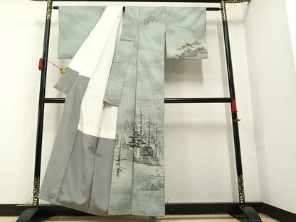 平和屋着物●訪問着 紬地 手描き 風景樹林文 暈し染め 金彩 正絹 逸品 AAAY7940ph
