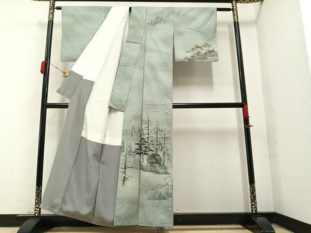 平和屋着物●訪問着 紬地 手描き 風景樹林文 暈し染め 金彩 正絹 逸品 AAAY7940ph