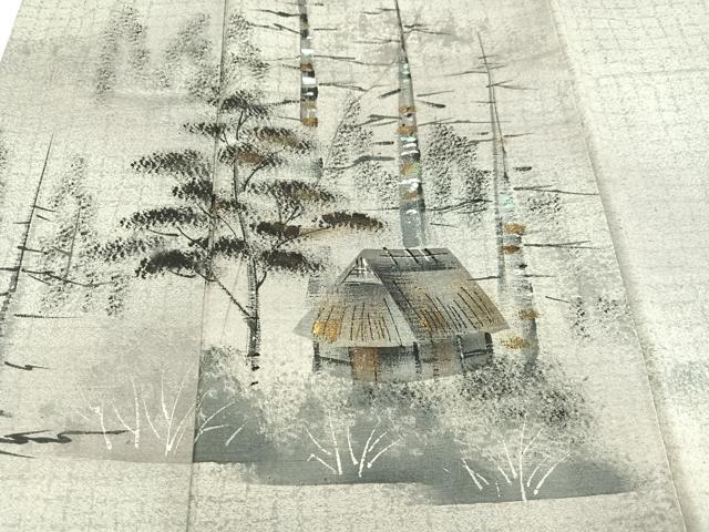 平和屋着物●訪問着 紬地 手描き 風景樹林文 暈し染め 金彩 正絹 逸品 AAAY7940ph