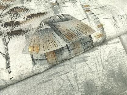 平和屋着物●訪問着 紬地 手描き 風景樹林文 暈し染め 金彩 正絹 逸品 AAAY7940ph