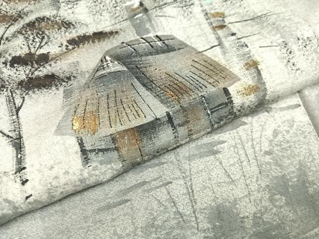 平和屋着物●訪問着 紬地 手描き 風景樹林文 暈し染め 金彩 正絹 逸品 AAAY7940ph