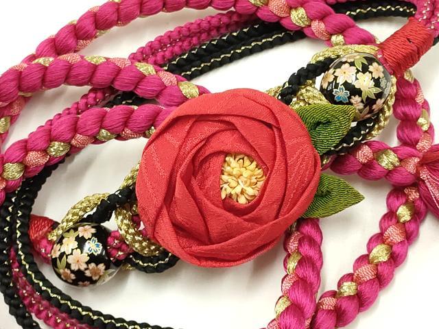 平和屋着物●和装小物　振袖用帯締め　装飾　ちりめん細工　椿　飾り玉　金糸　逸品　AAAY7989ay