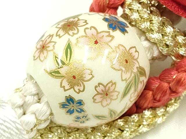 平和屋着物●和装小物　振袖用帯締め　装飾　ちりめん細工　椿　飾り玉　金糸　逸品　未使用　AAAY7990ay