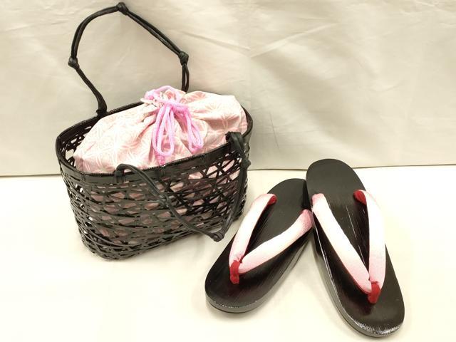 平和屋着物＊夏物　和装小物　籠巾着・下駄セット　浴衣　七宝　暈し　逸品　未使用　AAAY8177ay