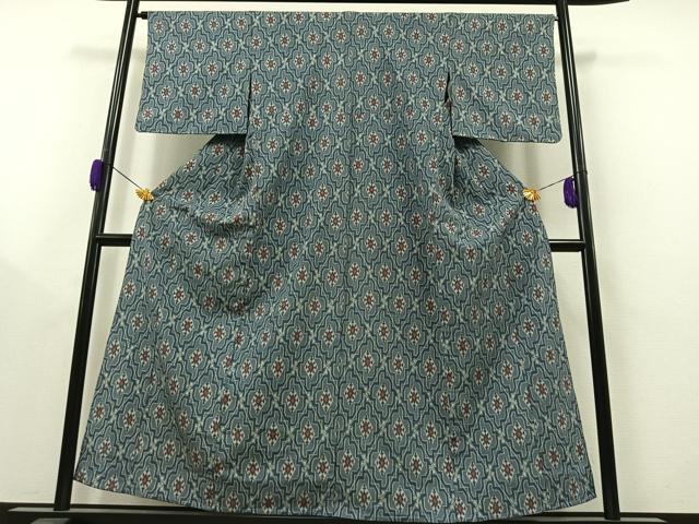 平和屋着物▽本塩沢　単衣　菱文　正絹　逸品　AAAY8308jh